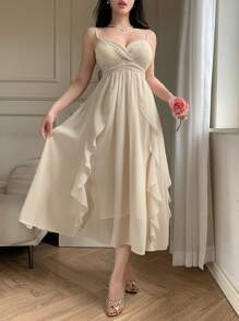 DAZY 优雅设计感长吊带连衣裙，女士雪纺飘逸长裙，荷叶边 - 杏色 - 查看 8