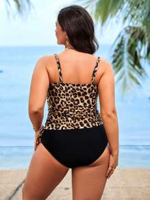 Swim Lushoire Plus Size Women 2pcs/Set Leopard Print Tankini Swimsuit With Tummy Control, Beach Holiday For Summer Beach Vacation - Multicolor - View 2
