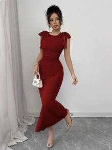 Rafferiza Đầm dài chữ A đuôi cá mini thắt nơ thanh lịch ôm sát eo dành cho nữ, màu đỏ - Màu Đỏ Sâu - Xem 4