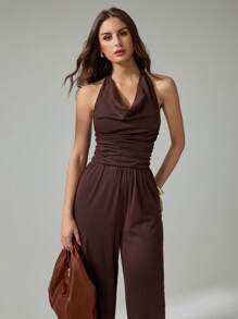SHEIN Tall Women's Elegant Solid Color Draped Neck Ruched Jumpsuit, Summer - Brown - View 3