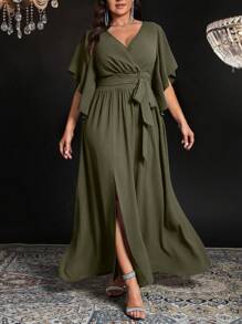 Auvina Plus Size Women V-Neck Flare Short Sleeve Tie Waist Ruched Slit Elegant Party Dress