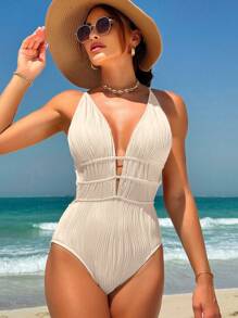 Swim Vcay Summer Beach Ladies' Solid Color Backless Fashionable Swimming Beachwear One-Piece Swimsuit White Swimsuit - Apricot - View 3