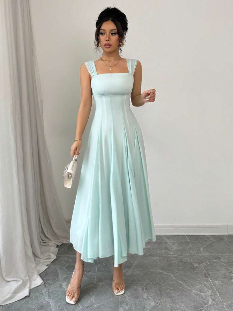 Rafferiza فستان أنيق بكسرات على الكتف مع خصر نحيف وذيل مفلطح، لون أخضر متوسط الطول للنساء، مناسب للربيع والصيف - أخضر نعناع - مشاهدة 4