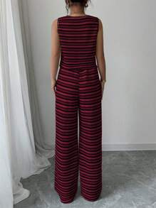 SHEIN Clasi 2件套女士夏季条纹前系带吊带背心和长裤 - 紅色 - 查看 2