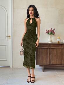 EastFlair Women's Elegant Sexy Floral Flocked Mesh See-Through Backless Halter Midi Dress Dresses For Wedding Event/Summer\Flower\Chinese Style Dress \ Asian Dress\Party - Army Green - View 5