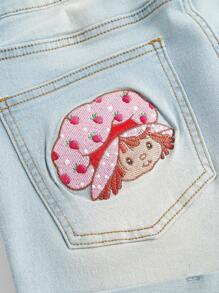 Strawberry Shortcake | ROMWE Plus Strawberry Embroidered Cute Denim Shorts - Baby Blue - View 4