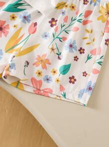 Set de 2 piezas: Blusa de manga corta con cuello redondo y estampado floral + pantalones cortos estampados, conjunto casual y lindo adecuado para exterior, uso diario, primavera/verano para niña joven