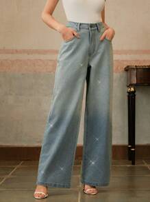 Anewsta Jeans anchos de pierna suelta con aplicaciones de strass vintage para mujeres, elegante, festival, casual