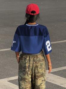 女式休闲撞色数字印花短款T恤，夏季 - 霧霾藍 - 查看 2