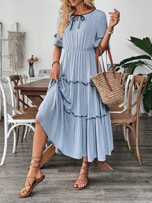 Breezaya Women's Casual Vacation Round Neck Contast Trim Ruffle Sleeve Dress, Spring/Summer - Blue - View 4