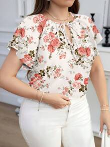 SHEIN Clasi Blusa holgada de manga corta con cuello redondo y estampado de rosas, adecuada para la playa o vacaciones en primavera/verano, tallas grandes para mujeres - Multicolor - Ver 3