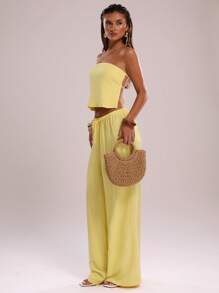 SHEIN BAE Canotta estiva da donna in lino, sexy e con schiena scoperta, lacci, casual, per vacanza o uscite in spiaggia, colore crema giallo