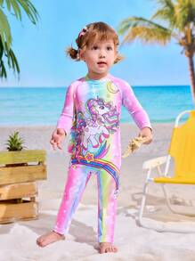 Infant/Baby Girl' Cute Unicorn One-Piece Swimsuit, Long Sleeve Active Swimwear, Baby Girl Beach Vacation Full Cover Long Sleeve & Pants Swimsuit - Pink - View 1