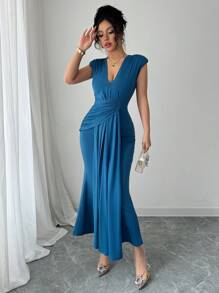 Rafferiza Elegant V-Neck Solid Color Fitted Midi Dress For Women