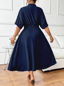 Elenzga 优雅休闲商务通勤女装夏季褶皱设计黑色中长款松紧腰宽松V领短袖大码连衣裙 - 藏蓝色 - 查看 2