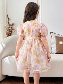 Kleine Mädchen Kleid mit kleinem Blümchen-Muster, rundem Ausschnitt, Puffärmeln und Schleife verziert - Khaki - Übersicht 4