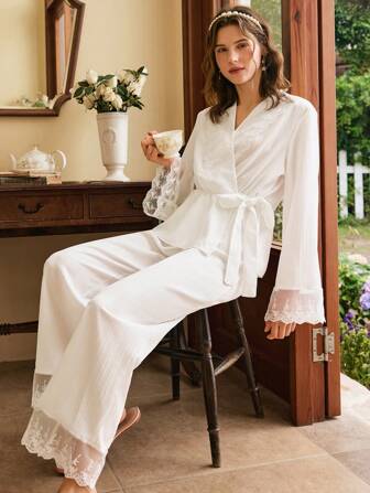 Côtesoire 法式浪漫蕾丝拼接系带女士睡衣套装，假日季，舒适优雅细节，秋冬服装