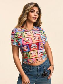 Paul Frank X SHEIN Maglietta da donna oversize con motivo a scimmia cartone animato, semi-trasparente, stile Y2K kawaii, adatta per vacanze estive e festival musicali
