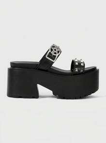 ROMWE Grunge Punk Giày Dark Rock Punk Goth dành cho nữ - Giày sandal đi biển La Mã đính đinh tán, Giày quai, Giày sandal đế dày đế xuồng - màu đen - Xem 1