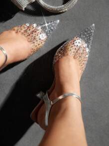 CUCCOO SZL 女士尖头细高跟鞋，银色水晶透明带高跟鞋，带封闭式鞋头设计