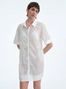 SHEIN LUNE Women Simple Elegant Collar Hollow Out Embroidery Dress (Random Print) - White - View 4