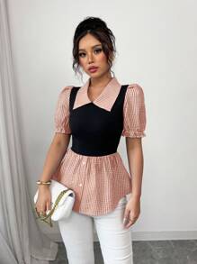 Elenzga Women's Plaid & Solid Color Contrast Print Elegant Short Sleeve Blouse - Multicolor - View 3