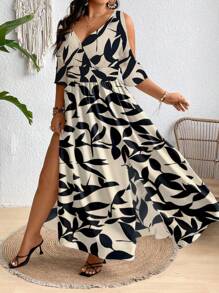 Vestido largo de mujer con estampado tropical, hombros descubiertos y abertura lateral en el muslo, talla extra - Albaricoque - Ver 5