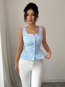 Rafferiza 休闲百搭方领前开仿珍珠纽扣束腰修身女式背心，优雅年轻短款衬衫，全新夏季淡蓝色花卉纹理面料女式衬衫 - 淺藍色 - 查看 3