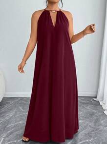 Elenzga 女士时尚优雅纯色无袖宽松大码连衣裙，情人节红色新年 - 酒紅色 - 查看 6