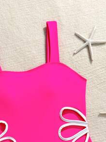 SHEIN Nuevo traje de baño de una pieza de unicolor con lados calados para adolescentes - Rosa Fucsia - Ver 2