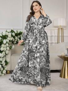 Modelyn Romantic Chiffon Floral Print V-Neck Long Sleeve A-Line Regular Spring & Summer Fall Cloth For Women - Black and White - View 6