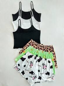 Snug Zone Set de 3 piezas de pijama de camiseta sin mangas y shorts con estampado de dibujos animados y encaje para mujeres - Multicolor - Ver 2