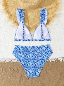 Teen Girls Blue Ditsy Floral Adjustable Shoulder Strap Ruffled Bikini Swimsuit Set For Beach Vacation Swimming - Multicolor - View 2
