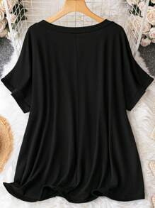 SHEIN CURVE+ 大码 V 领宽松针织 T 恤连衣裙 - 黑色 - 查看 2