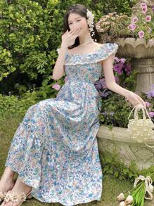 DAZY Women's Mid-Length Lace Trim Cap Sleeve Summer Dress, Suitable For Valentine's Day Vacation Outfits Women Floral - Blue - View 4