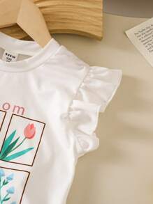 Set de 2 piezas: Blusa de manga corta con cuello redondo y estampado floral + pantalones cortos estampados, conjunto casual y lindo adecuado para exterior, uso diario, primavera/verano para niña joven