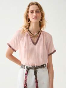 Florisole Women Solid Color Bohemia Vacation Casual Blouse, Spring/Summer