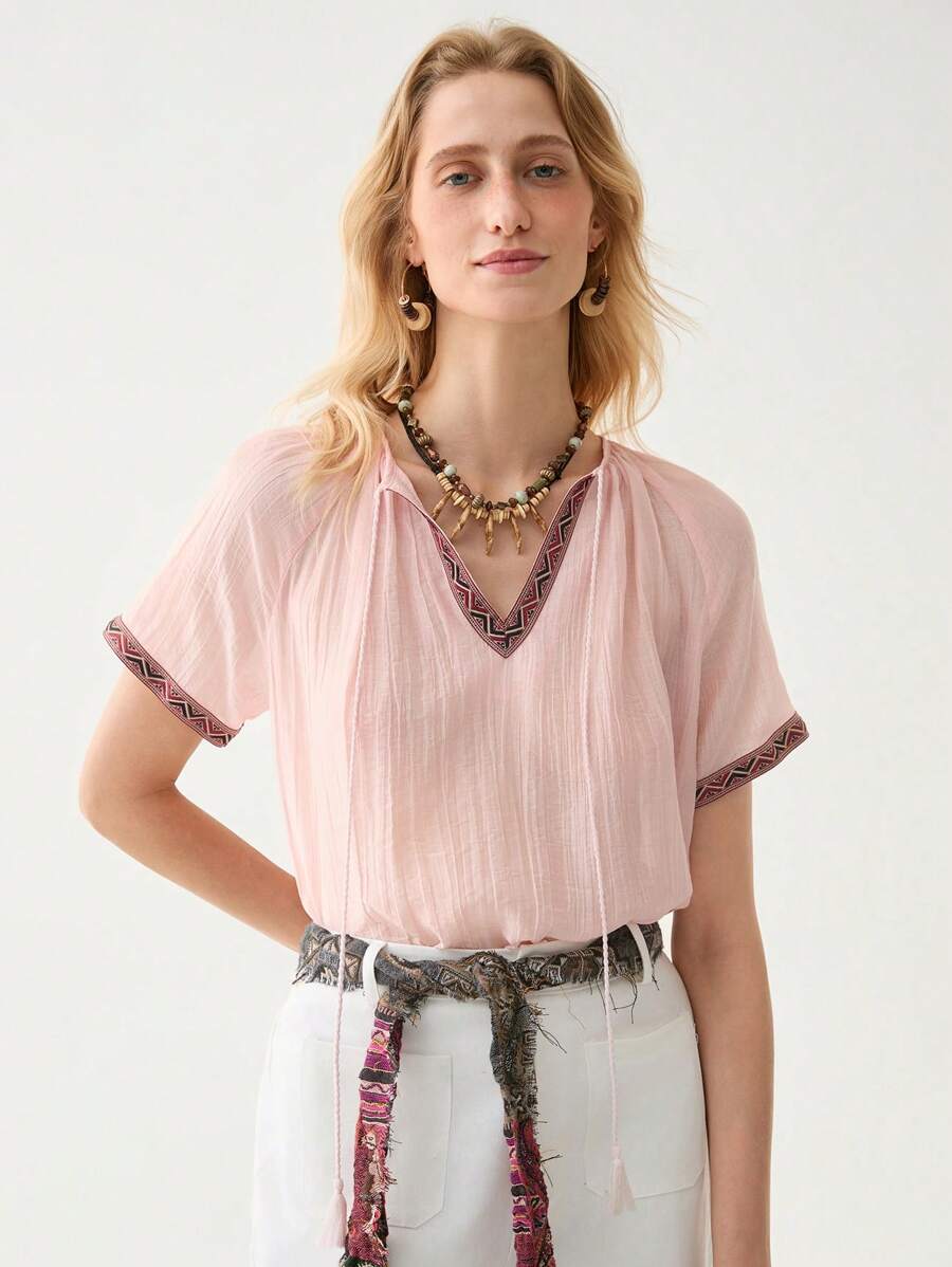 Florisole Women Solid Color Bohemia Vacation Casual Blouse, Spring/Summer