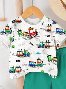 SHEIN 2 件套男婴休闲简约卡通设计圆领短袖 T 恤和短裤套装，夏季