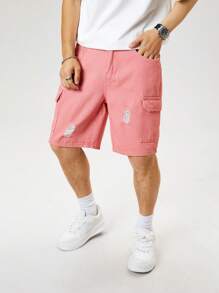 Chillumni Quần short denim giản dị màu trơn có túi rách dành cho nam phù hợp cho mùa hè - Hồng - Xem 5