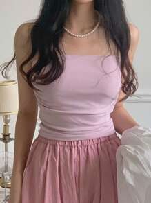 DAZY Women Solid Color Padded Cropped Camisole Tank Top, Pink - Pink - View 7