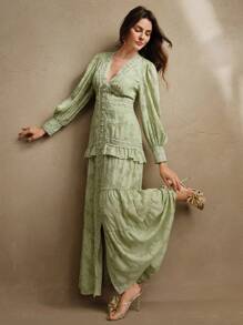 Anewsta 法式褶皱 V 领泡泡袖优雅修身连衣裙长款女装春季、节日、度假、休闲、优雅 - 綠色 - 查看 5