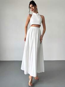 Firerie Women Elegant Minimalist Sexy Vacation Beach Mandarin Collar Backless Top And Pleated A-Line Skirt 2 Pieces Set, White - White - View 5