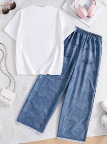 Sparklyn 2件套少女蝴蝶结短袖T恤和牛仔效果阔腿裤套装 - 白色 - 查看 2