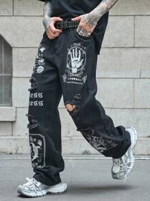 PAVTROS Manfinity Streetrush Men's Loose Fit Baggy Jeans With Pocket Slogan, Sun & Face Print And Distressed Details, Plain Wide Jeans Long Ripped Plain Black Cargo Jeans, For Husband, Boyfriend Gifts, Black Graphic Jeans, Goth Jeans, Men's Graphic Jeans, Ripped Graphic Jeans Going Out Hang Out Vacation Street Party, Grunge