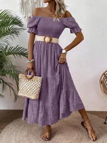 SHEIN Clasi 女式时尚纯色A字喇叭泡泡袖长裙女装 - 淺灰紫 - 查看 4
