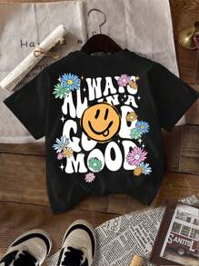 SHEIN Leap Crew 3pcs/Set Tween Girls' Casual Plaid Smiling Face Graphic T-Shirts In Black, Pink, Khaki, Cute Cartoon Pattern, Summer - Multicolor - View 5