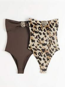 INAWLY Women's Black Metal Decor Bandeau Bodysuit, Beach & Outdoor Summer Swimwear - Brown - View 3