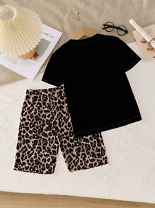 SHEIN Leap Crew طقم بيجامة شورت كاجوال للبنات المراهقات بتصميم أسطوري ونمط النمر،أكمام قصيرة، مناسب للربيع والصيف، ذو قياس مريح