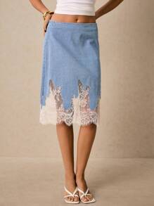 Poéselle Women's Contrast Lace Straight-Cut Casual Versatile Denim Skirt Casual, Old Money, Business Casual - Baby Blue - View 3